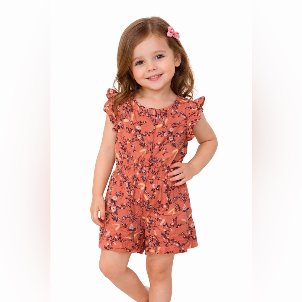 Gap Toddler Girls Floral Flutter Sleeve Romper Orange 2T